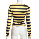 Women’s Striped Graphic Print Long Sleeve Fitted Crop Top