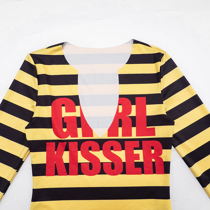Women’s Striped Graphic Print Long Sleeve Fitted Crop Top