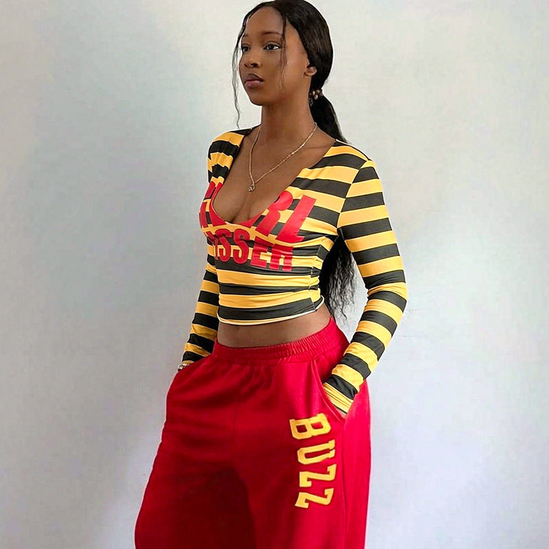Women’s Striped Graphic Print Long Sleeve Fitted Crop Top