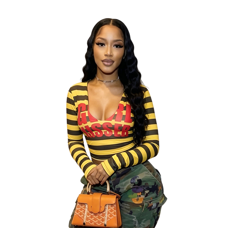 Women’s Striped Graphic Print Long Sleeve Fitted Crop Top
