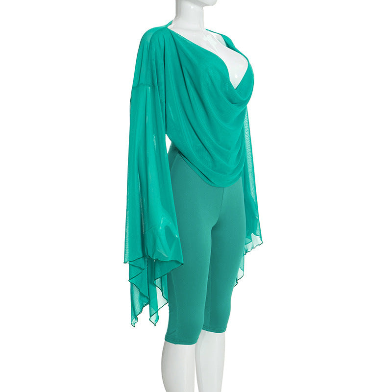 Women’s Stylish Draped Neck Long Sleeve Bodycon Jumpsuit Set