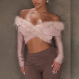 Women’s Off Shoulder Feather Trim Long Sleeve Cropped Party Top