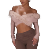 Women’s Off Shoulder Feather Trim Long Sleeve Cropped Party Top