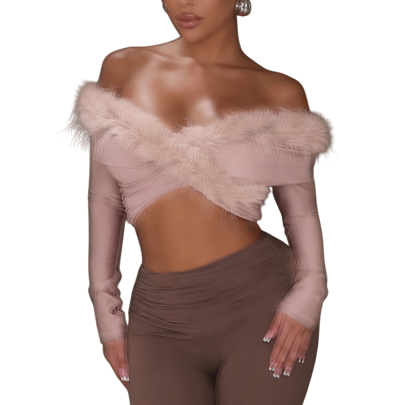 Women’s Off Shoulder Feather Trim Long Sleeve Cropped Party Top