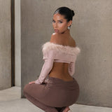 Women’s Off Shoulder Feather Trim Long Sleeve Cropped Party Top