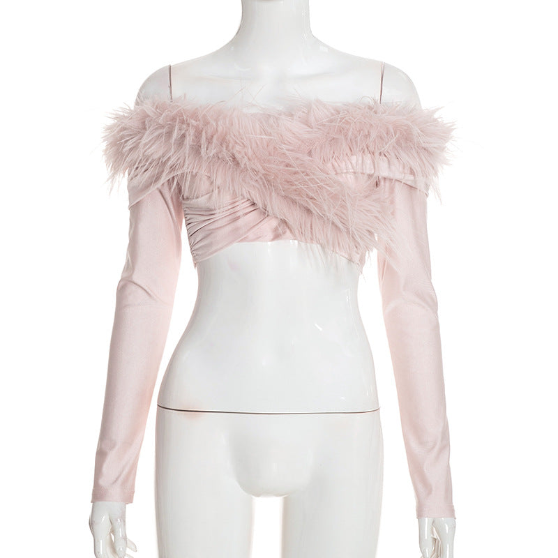 Women’s Off Shoulder Feather Trim Long Sleeve Cropped Party Top