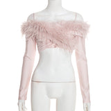 Women’s Off Shoulder Feather Trim Long Sleeve Cropped Party Top