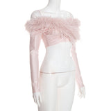Women’s Off Shoulder Feather Trim Long Sleeve Cropped Party Top