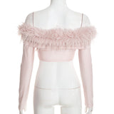 Women’s Off Shoulder Feather Trim Long Sleeve Cropped Party Top