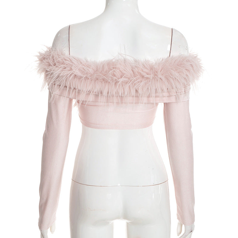 Women’s Off Shoulder Feather Trim Long Sleeve Cropped Party Top