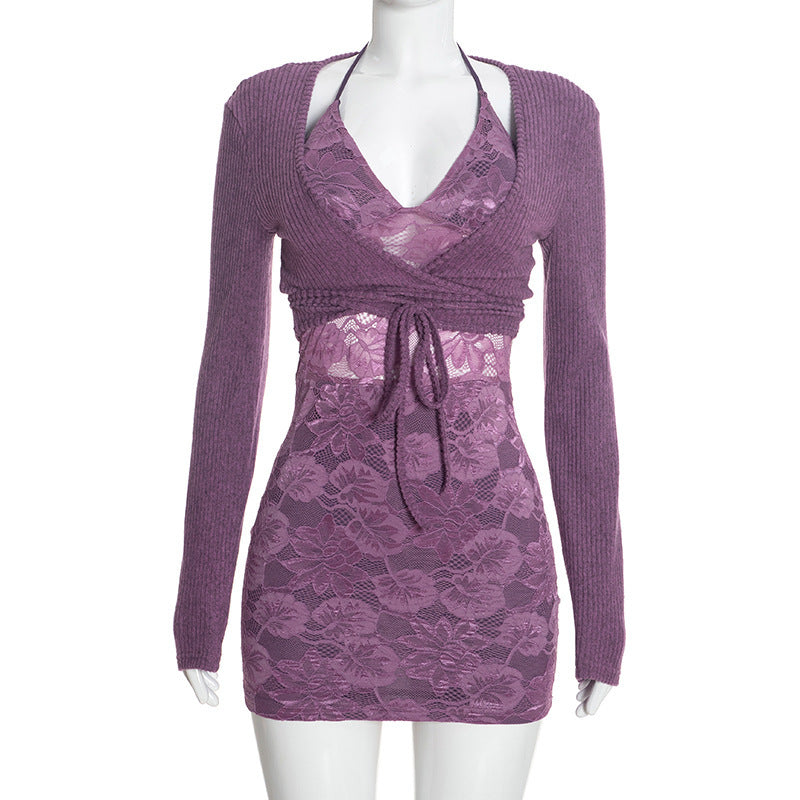 Women’s Floral Lace Long Sleeve Mini Dress with Shrug Set