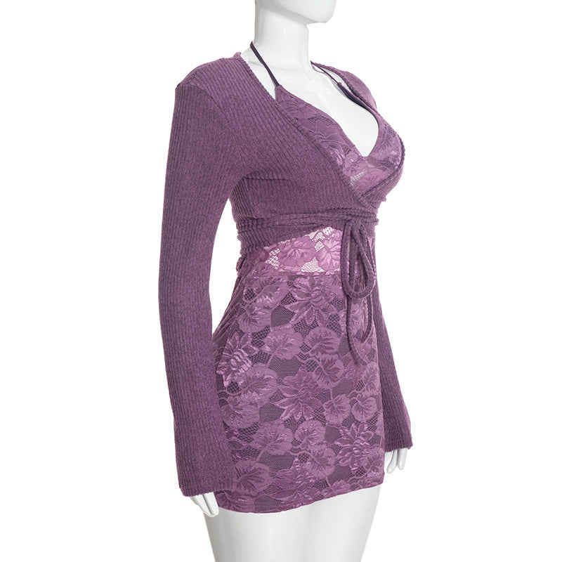 Women’s Floral Lace Long Sleeve Mini Dress with Shrug Set