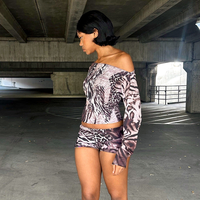 Women’s 2 Piece Printed Off Shoulder Crop Top and Shorts Set