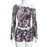 Women’s 2 Piece Printed Off Shoulder Crop Top and Shorts Set