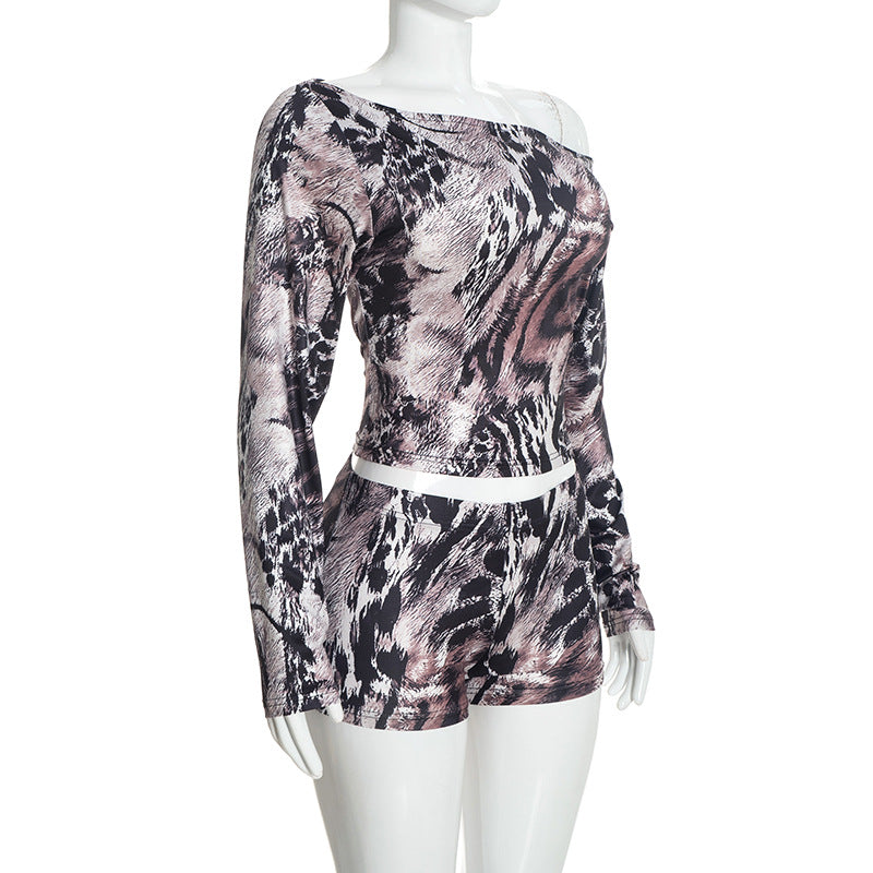 Women’s 2 Piece Printed Off Shoulder Crop Top and Shorts Set