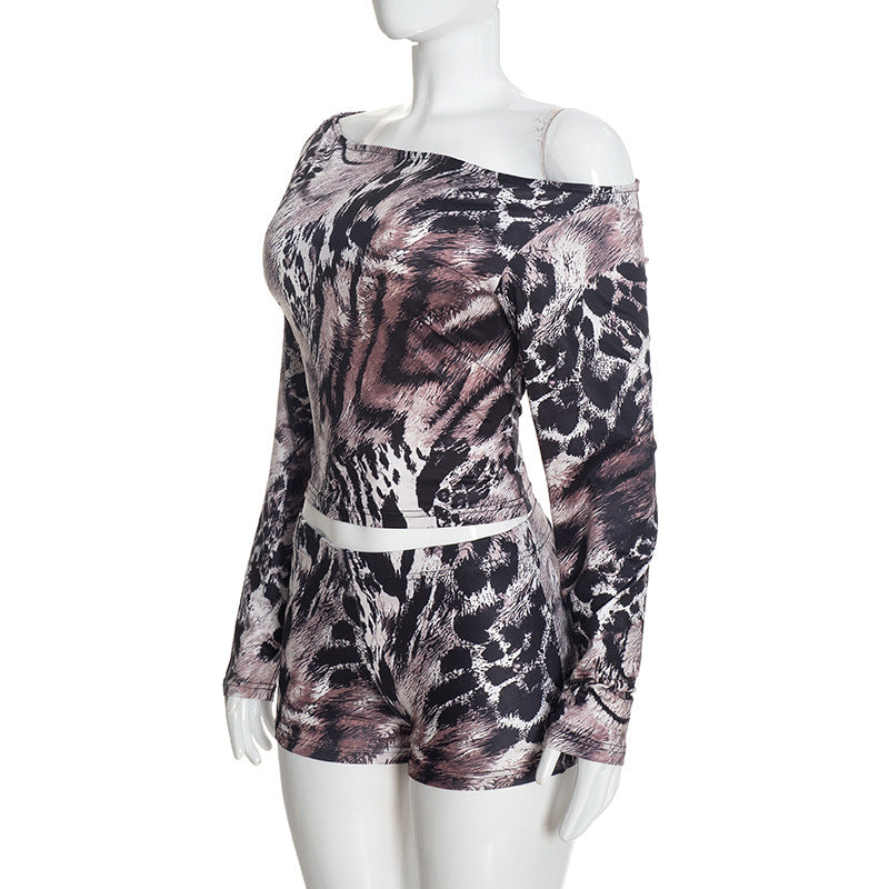 Women’s 2 Piece Printed Off Shoulder Crop Top and Shorts Set