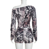 Women’s 2 Piece Printed Off Shoulder Crop Top and Shorts Set