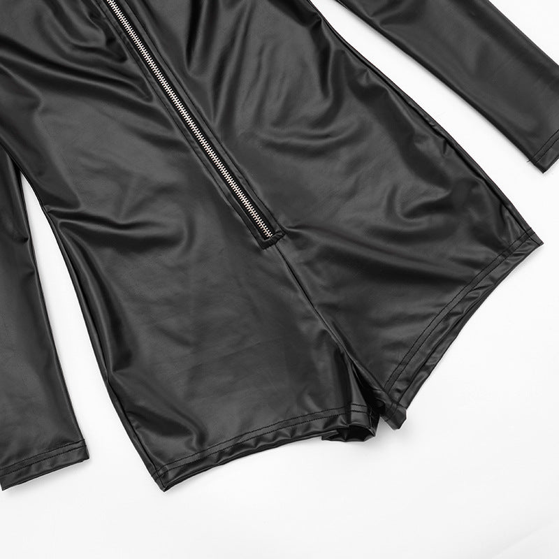 Women’s Long Sleeve Zipper Front Fitted Faux Leather Romper