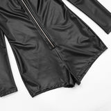 Women’s Long Sleeve Zipper Front Fitted Faux Leather Romper