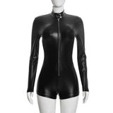 Women’s Long Sleeve Zipper Front Fitted Faux Leather Romper