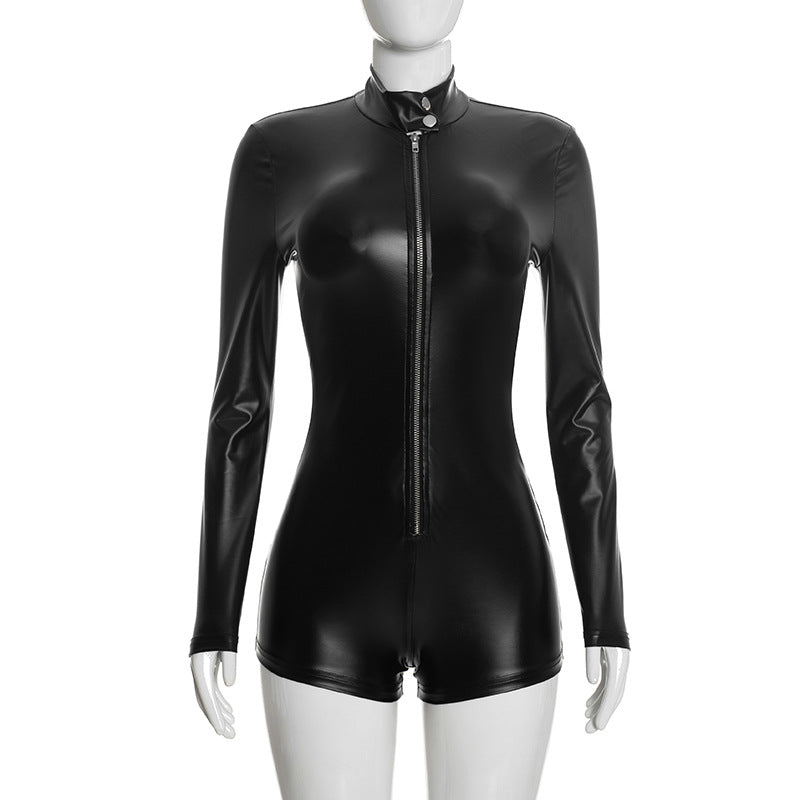 Women’s Long Sleeve Zipper Front Fitted Faux Leather Romper