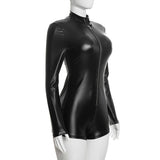 Women’s Long Sleeve Zipper Front Fitted Faux Leather Romper