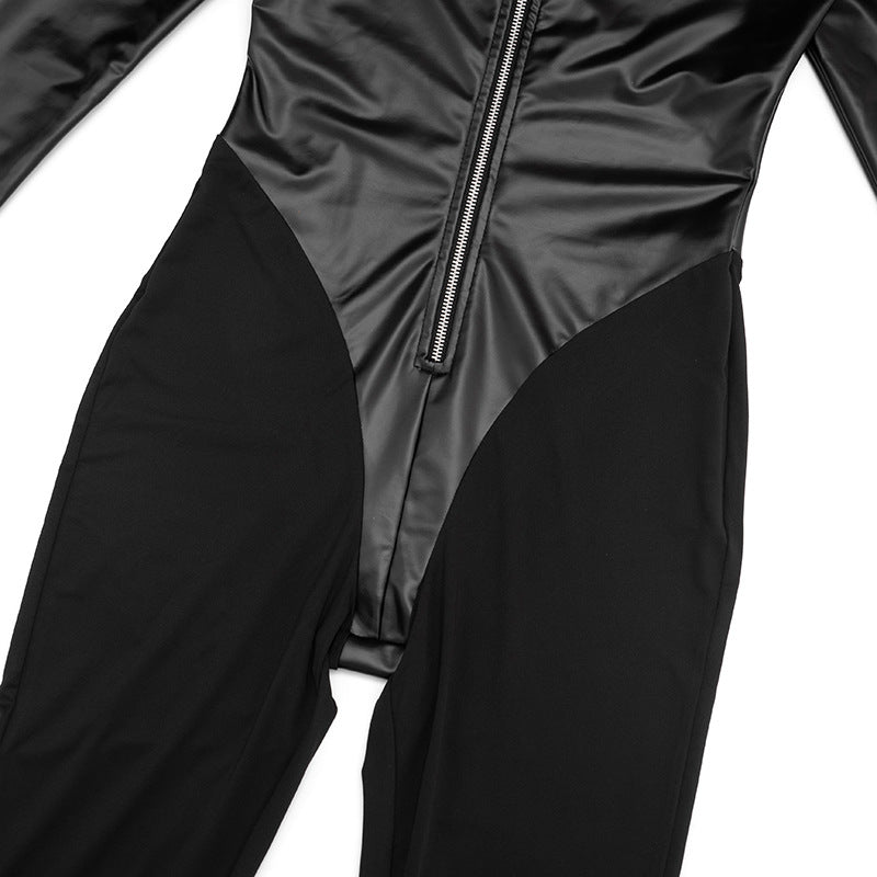 Women’s Long Sleeve Zip Front Slim Fit Faux Leather Jumpsuit