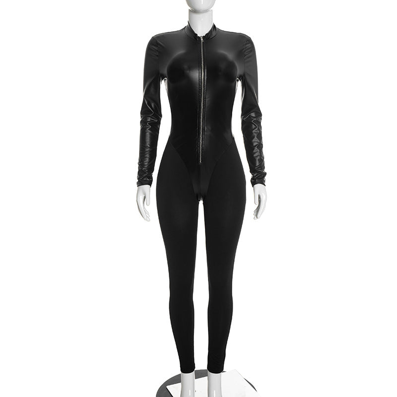 Women’s Long Sleeve Zip Front Slim Fit Faux Leather Jumpsuit