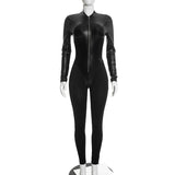 Women’s Long Sleeve Zip Front Slim Fit Faux Leather Jumpsuit