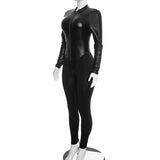 Women’s Long Sleeve Zip Front Slim Fit Faux Leather Jumpsuit