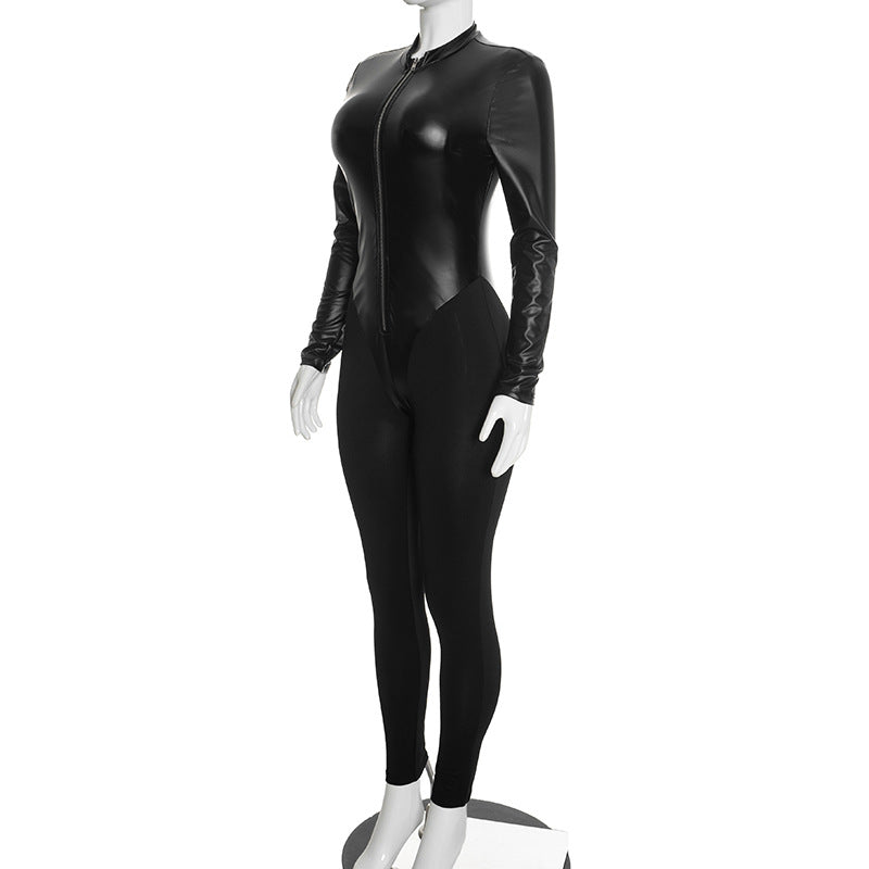 Women’s Long Sleeve Zip Front Slim Fit Faux Leather Jumpsuit
