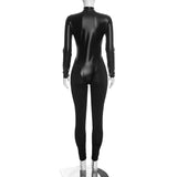 Women’s Long Sleeve Zip Front Slim Fit Faux Leather Jumpsuit