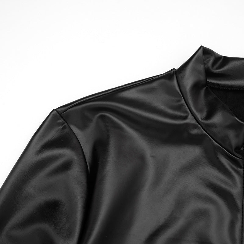 Women’s Long Sleeve Zip Front Slim Fit Faux Leather Jumpsuit