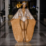 Women’s Sequin Hooded Cape Romper with Flared Sleeve Partywear