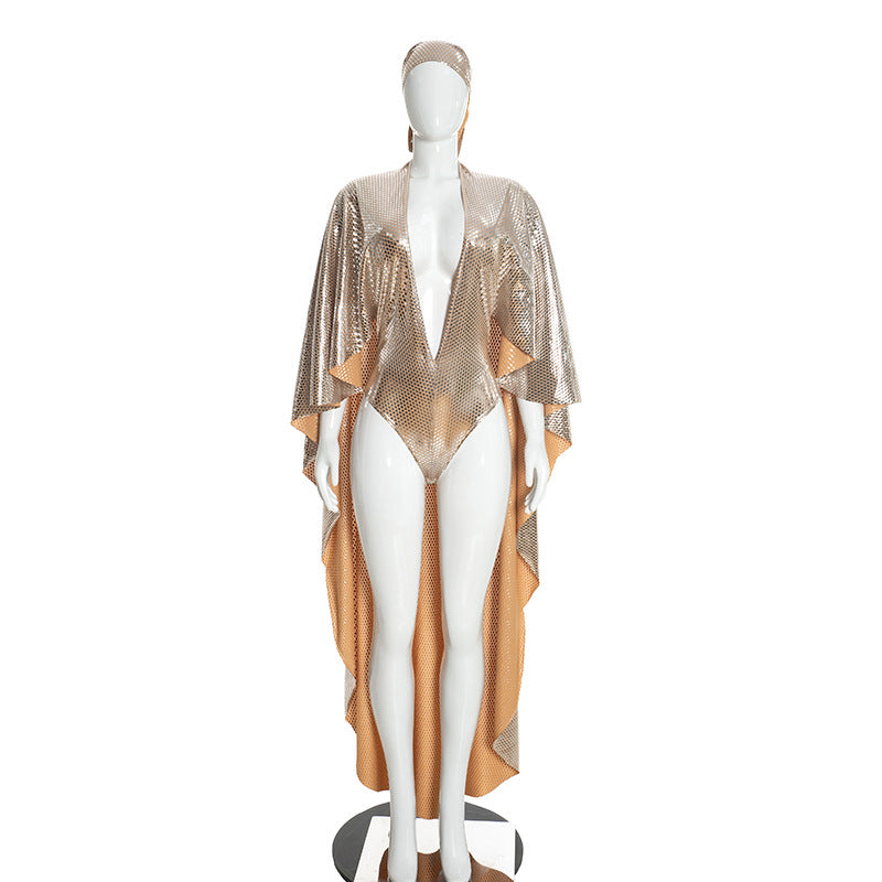 Women’s Sequin Hooded Cape Romper with Flared Sleeve Partywear