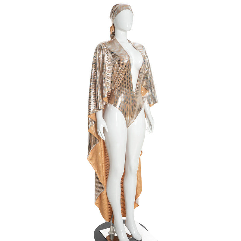 Women’s Sequin Hooded Cape Romper with Flared Sleeve Partywear