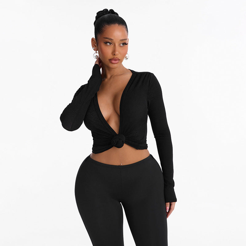 Women’s Long Sleeve Deep V Neck Twist Front Cropped Top