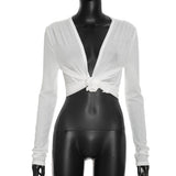 Women’s Long Sleeve Deep V Neck Twist Front Cropped Top