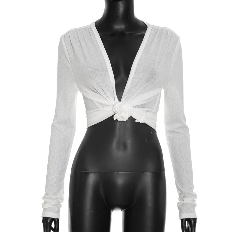Women’s Long Sleeve Deep V Neck Twist Front Cropped Top