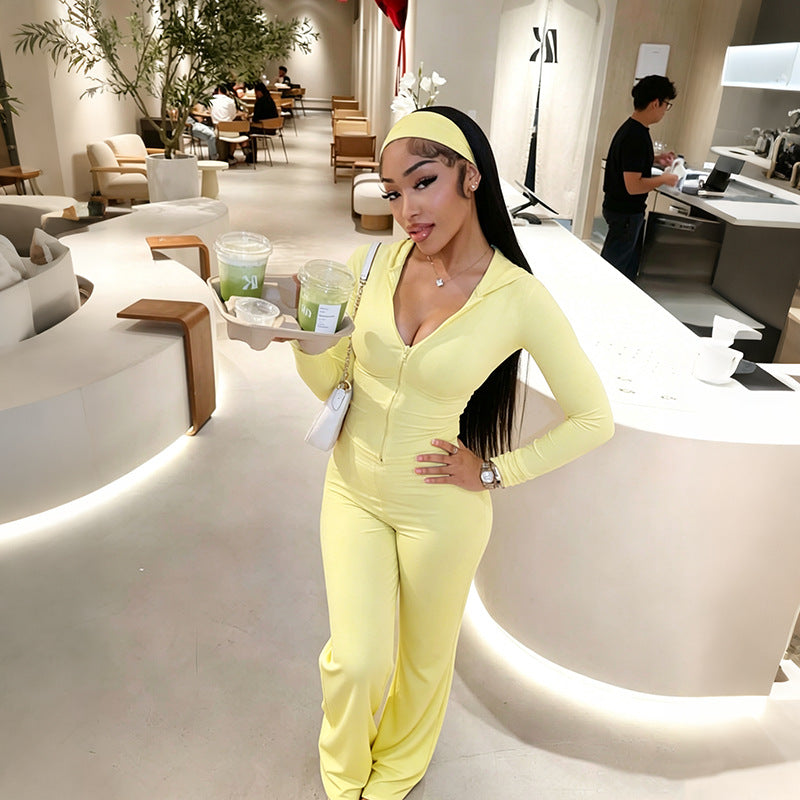 Women’s Long Sleeve Zip Up Hoodie Top and Flared Pants Set