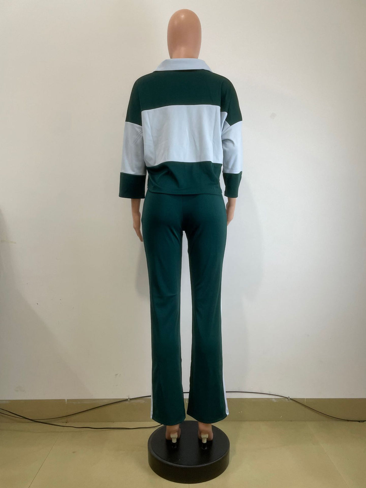 Women’s Color Block Polo Top and Flared Pants Set