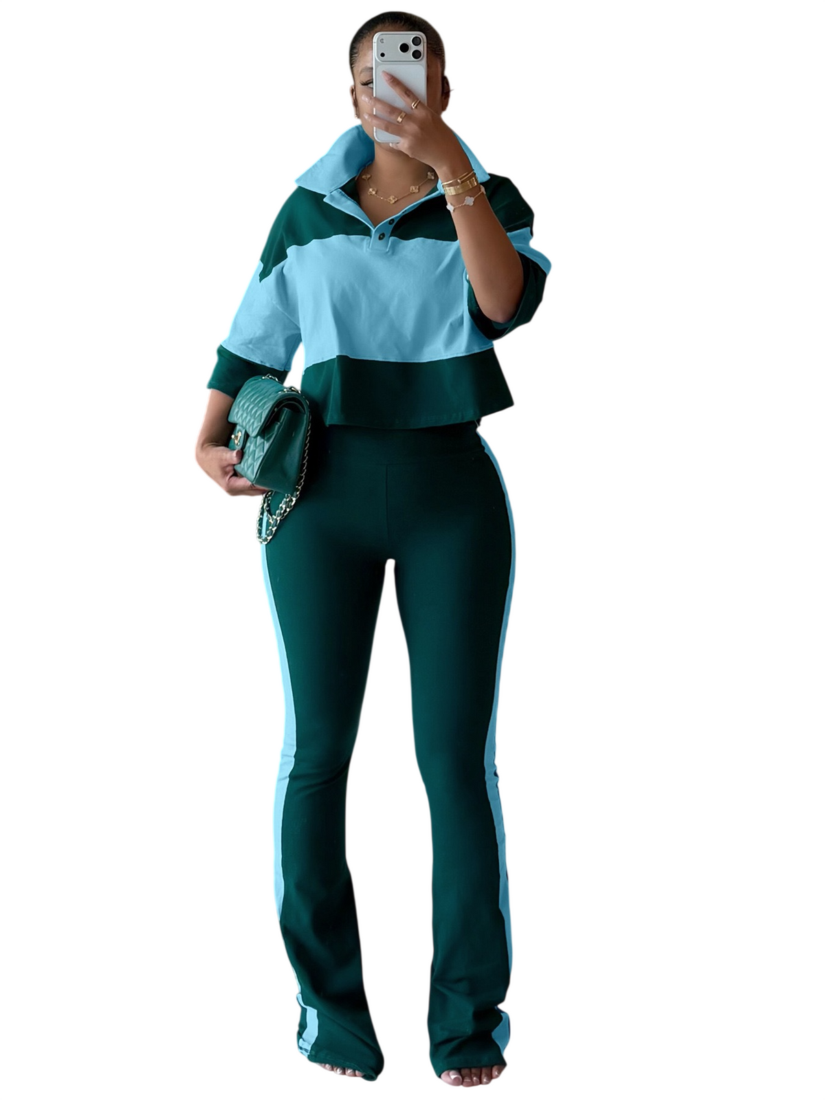 Women’s Color Block Polo Top and Flared Pants Set