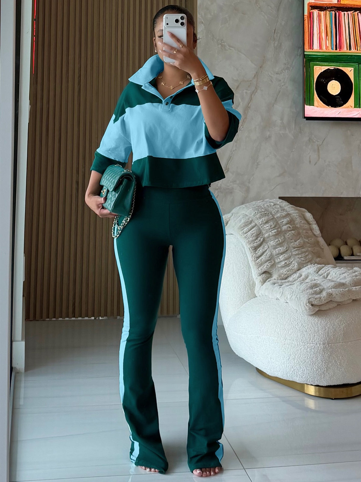 Women’s Color Block Polo Top and Flared Pants Set