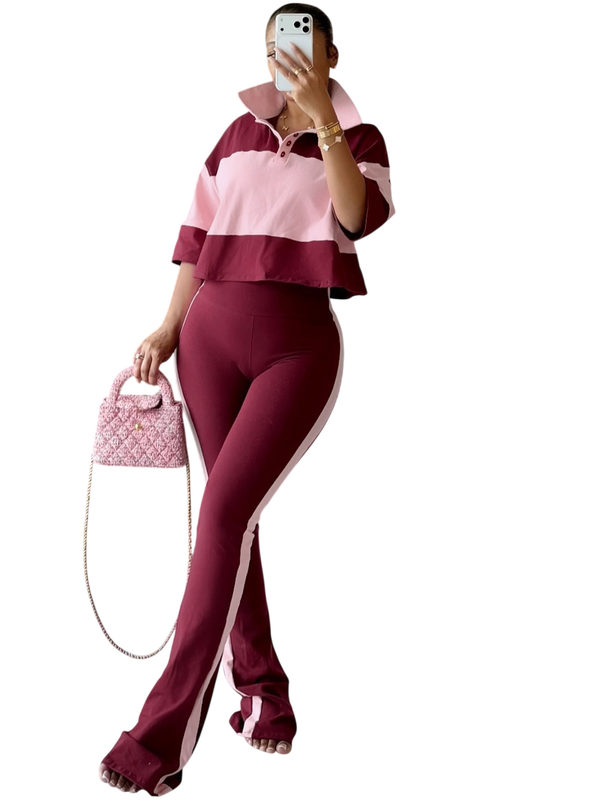 Women’s Color Block Polo Top and Flared Pants Set