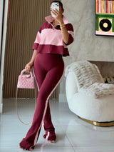 Women’s Color Block Polo Top and Flared Pants Set