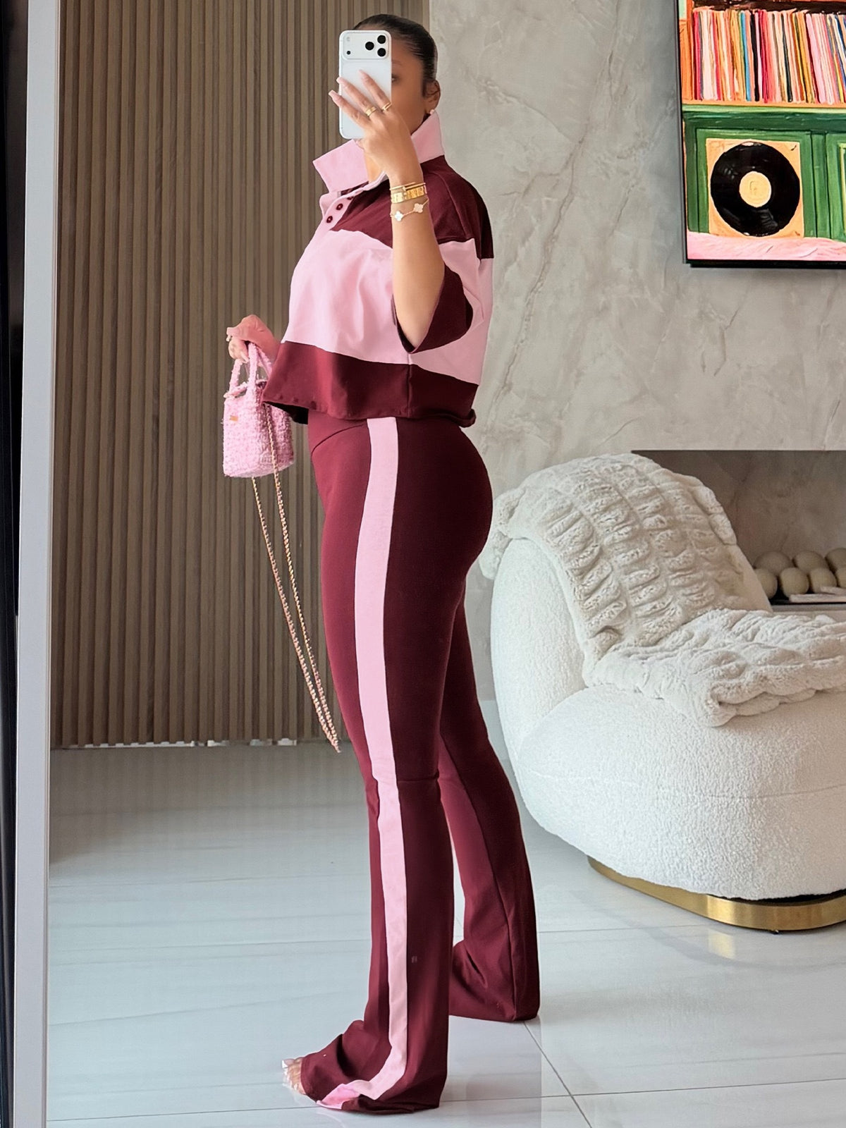 Women’s Color Block Polo Top and Flared Pants Set