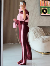 Women’s Color Block Polo Top and Flared Pants Set