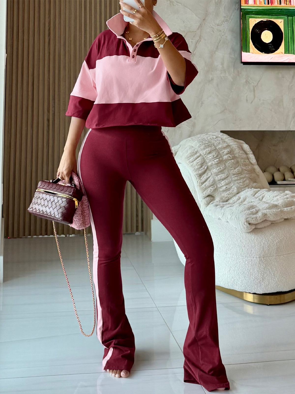 Women’s Color Block Polo Top and Flared Pants Set