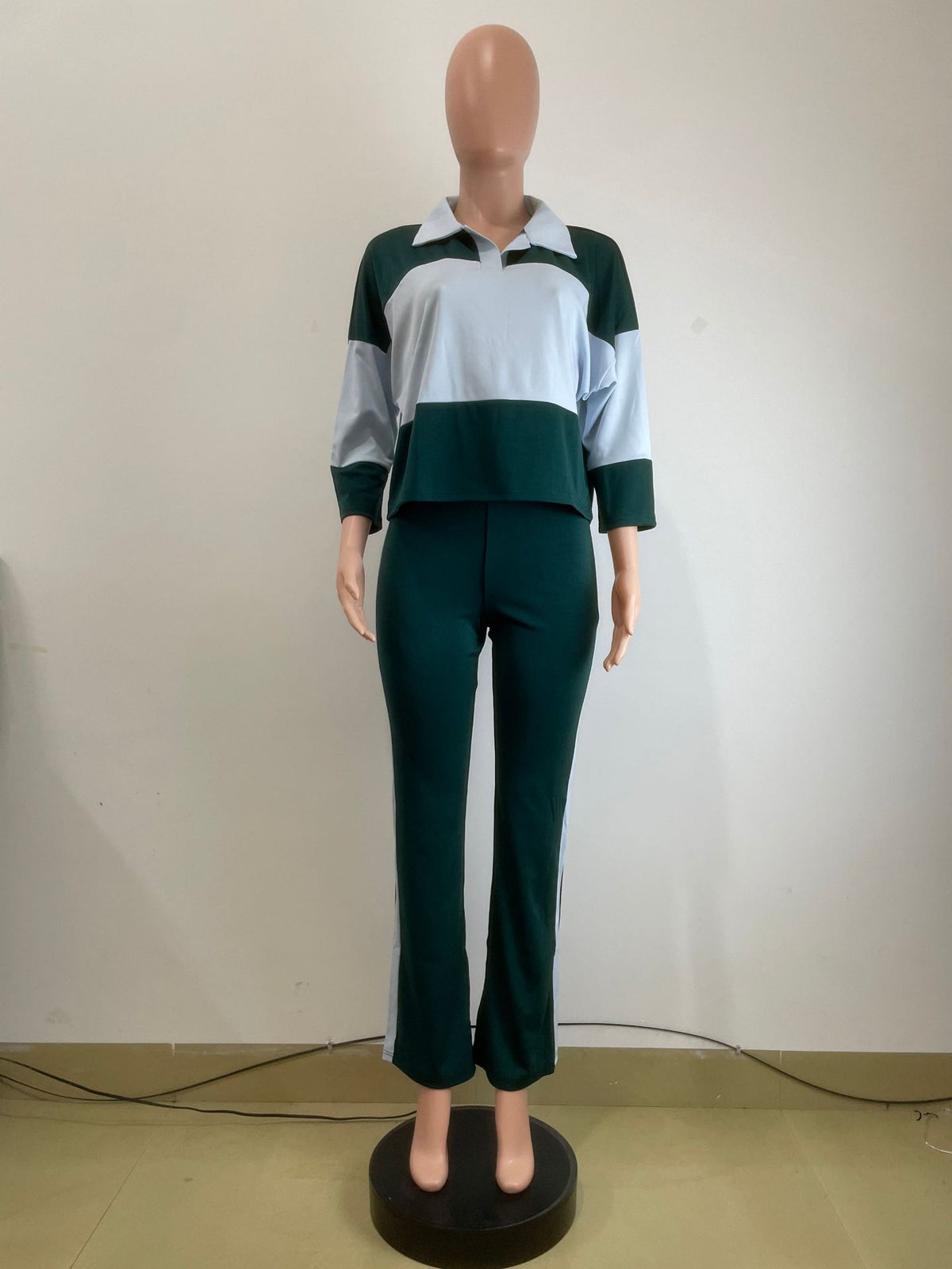 Women’s Color Block Polo Top and Flared Pants Set