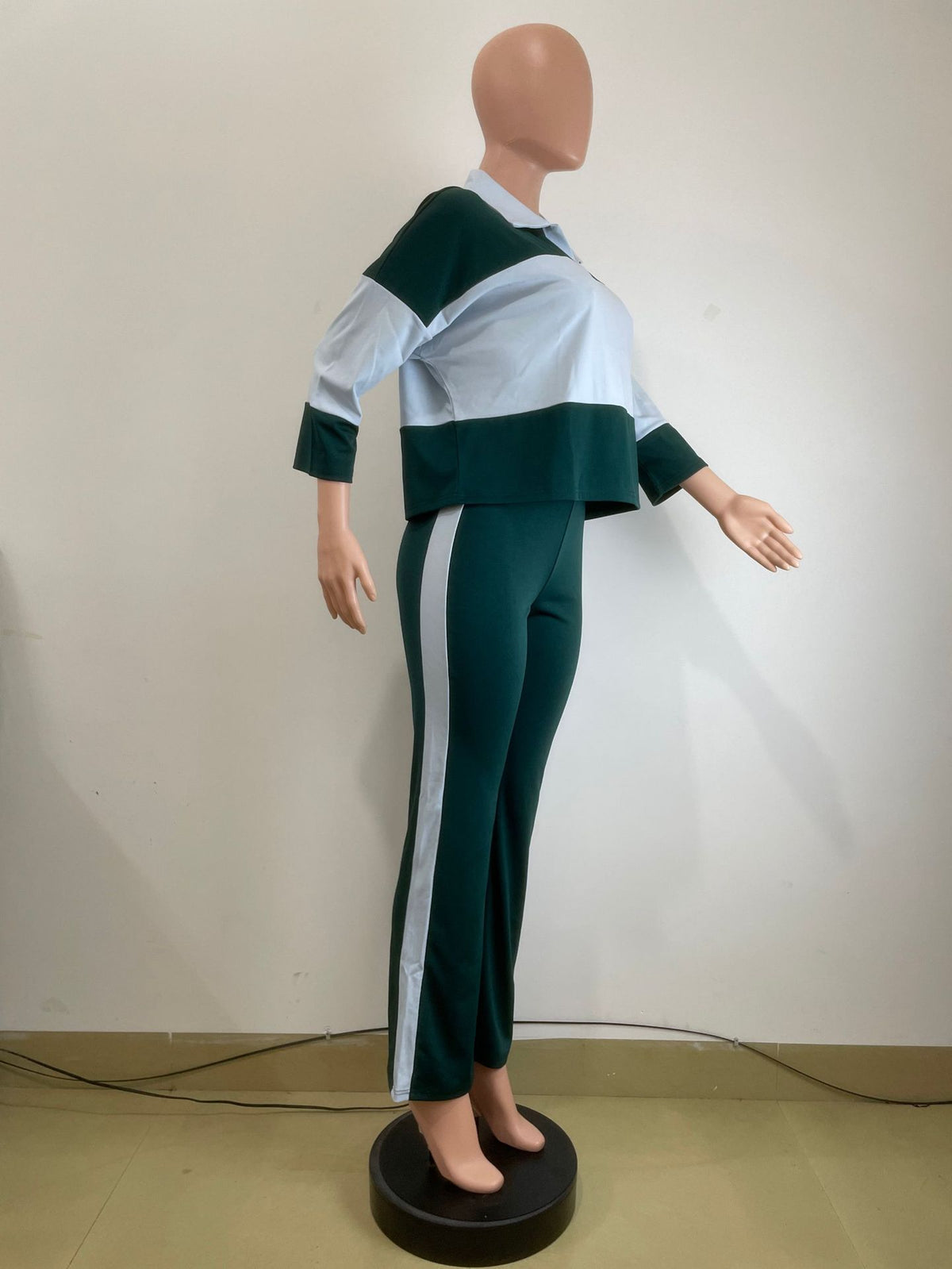Women’s Color Block Polo Top and Flared Pants Set